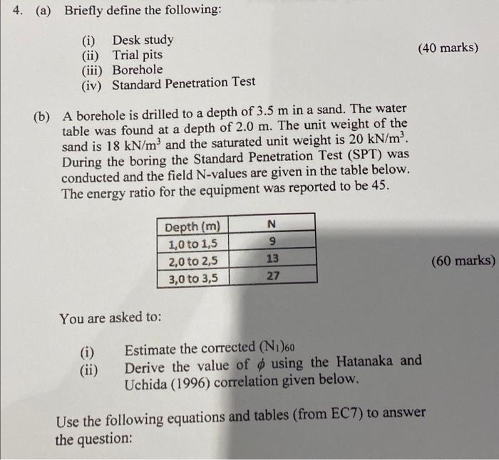 4 A Briefly Define The Following 40 Marks I Desk Study Ii Trial Pits Iii Borehole Iv Standard Penetration 1