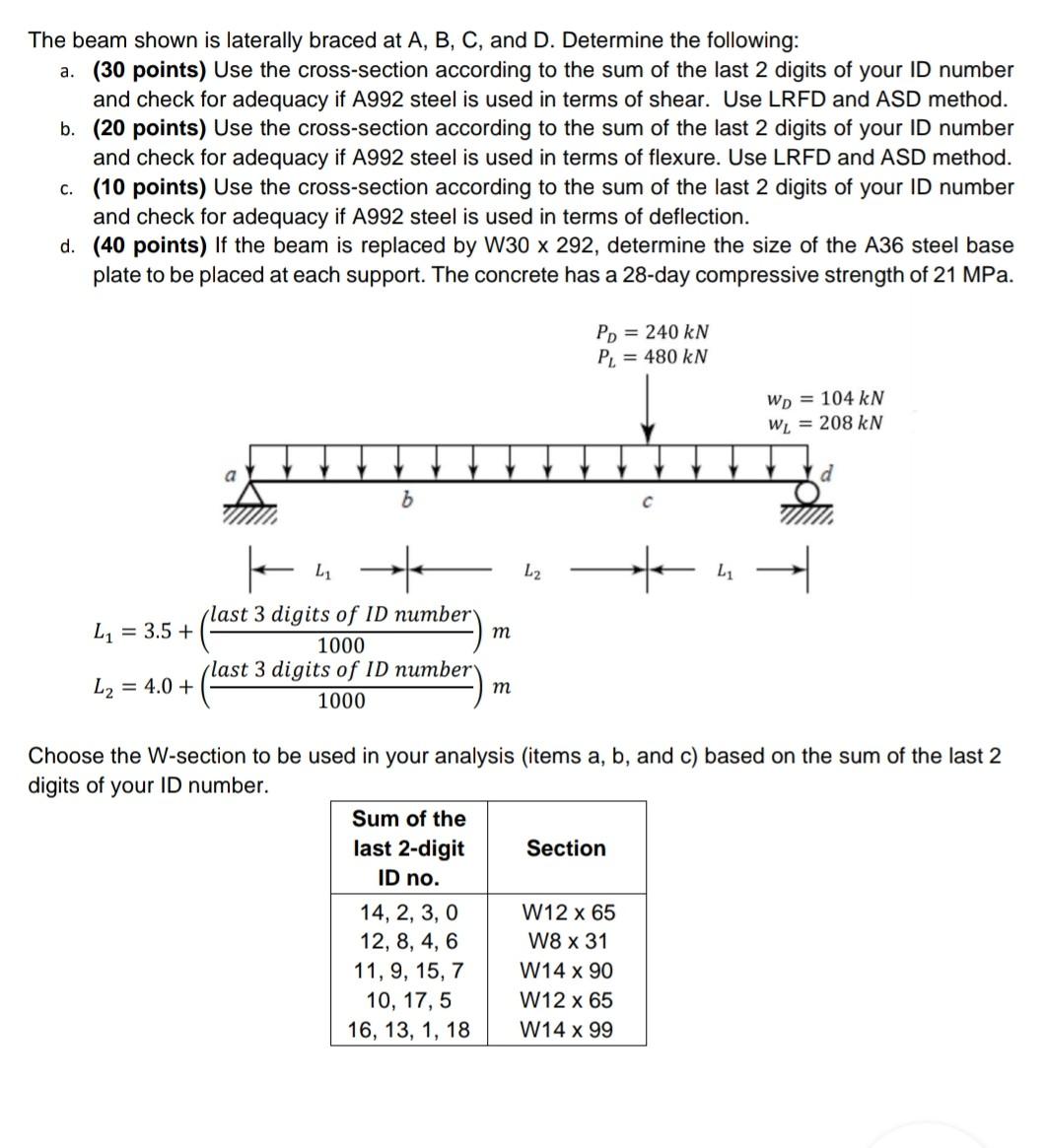 The Beam Shown Is Laterally Braced At A B C And D Determine The Following A 30 Points Use The Cross Section Acco 1