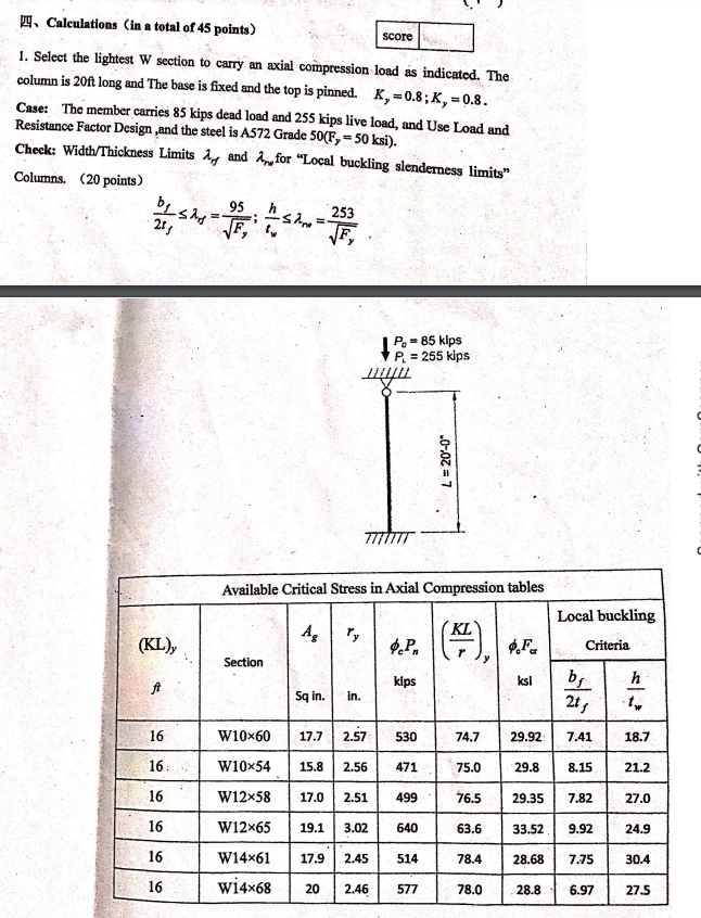 Score 24 Calculations In A Total Of 45 Points 1 Select The Lightest W Section To Carry An Axial Compression Load As 1
