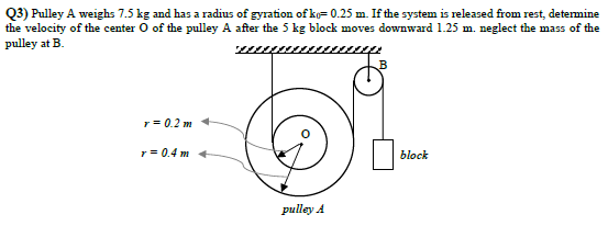 Q3 Pulley A Weighs 7 5 Kg And Has A Radius Of Gyration Of Ko 0 25 M If The System Is Released From Rest Determine Th 1