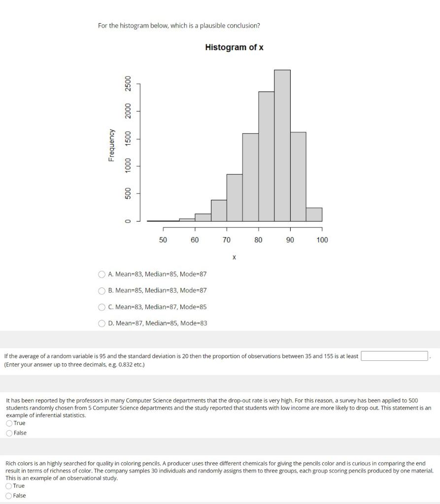 For The Histogram Below Which Is A Plausible Conclusion Histogram Of X 2500 2000 Frequency 1000 1500 500 0 50 60 70 80 1