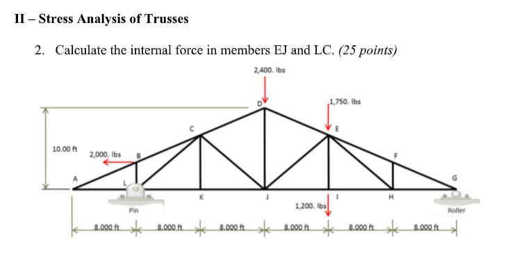 Ii Stress Analysis Of Trusses 2 Calculate The Internal Force In Members Ej And Lc 25 Points 2 400 Lbs 1 750 Lbs 1