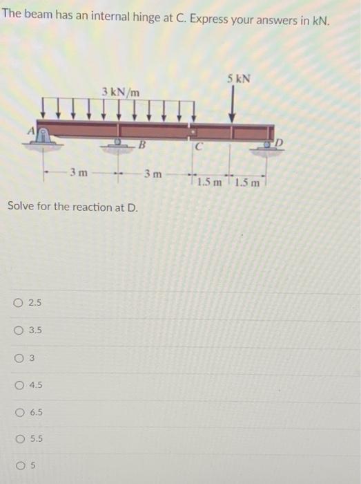 The Beam Has An Internal Hinge At C Express Your Answers In Kn 5 Kn 3 Kn M D 3 M 3 M 11 5 M 1 5 M Solve For The Reacti 1