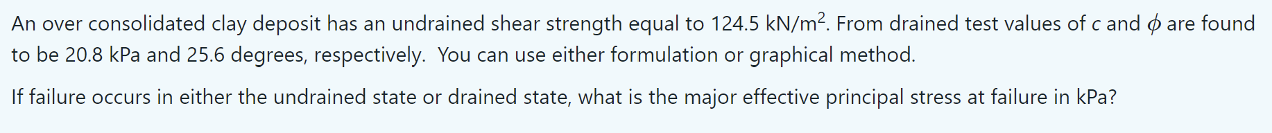 An Over Consolidated Clay Deposit Has An Undrained Shear Strength Equal To 124 5 Kn M2 From Drained Test Values Of Cand 1