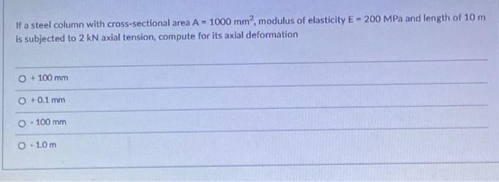 If A Steel Column With Cross Sectional Area A 1000 Mm Modulus Of Elasticity E 200 Mpa And Length Of 10 M Is Subjecte 1