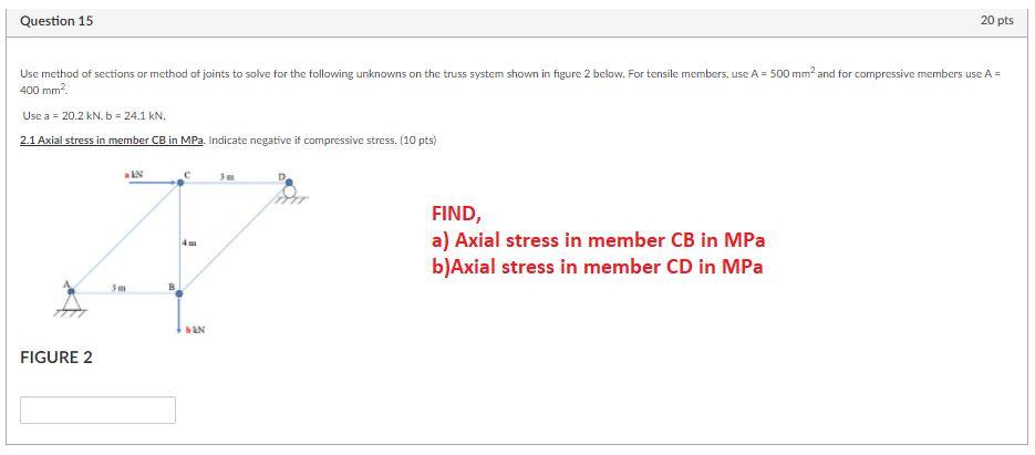Question 15 20 Pts Use Method Of Sections Or Method Of Joints To Solve For The Following Unknowns On The Truss System Sh 1