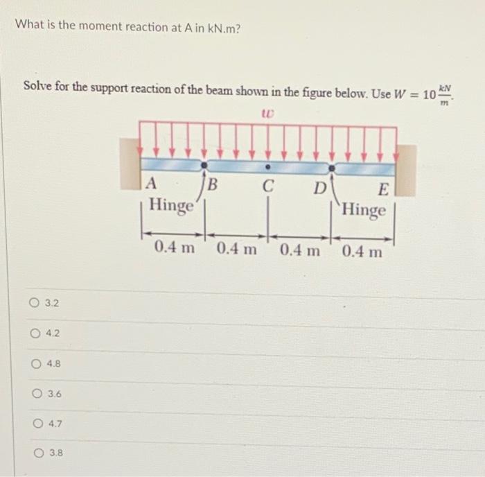 What Is The Moment Reaction At A In Kn M Solve For The Support Reaction Of The Beam Shown In The Figure Below Use W 1