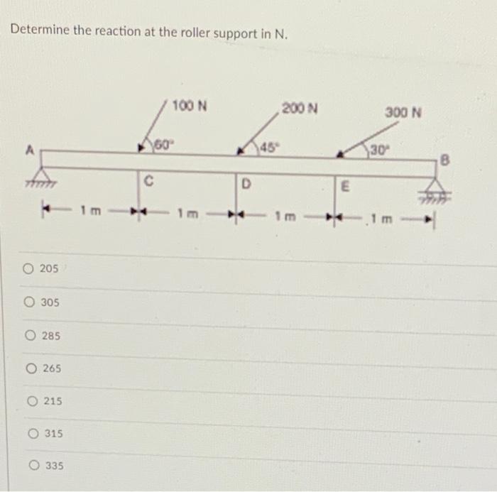 Determine The Reaction At The Roller Support In N 100 N 200 N 300 N 60 30 8 D E 1 M 1 M 205 O 305 285 O 265 O 215 O 315 1