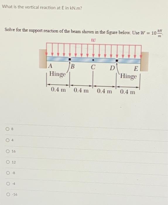 What Is The Vertical Reaction At Ein Kn M Solve For The Support Reaction Of The Beam Shown In The Figure Below Use W 1