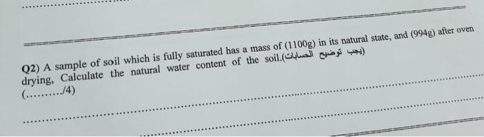 Q2 A Sample Of Soil Which Is Fully Saturated Has A Mass Of 1100g In Its Natural State And 994g After Oven Drying 1