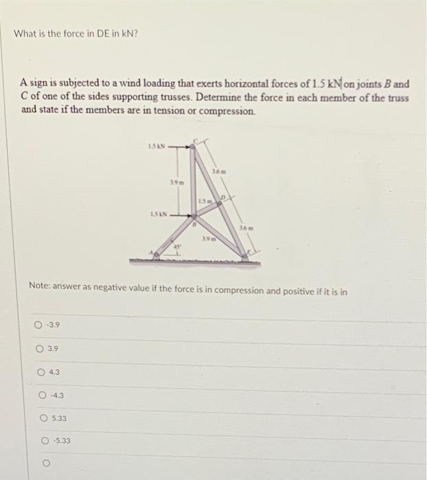 What Is The Force In De In Kn A Sign Is Subjected To A Wind Loading That Exerts Horizontal Forces Of 1 5 Kn On Joints B 1