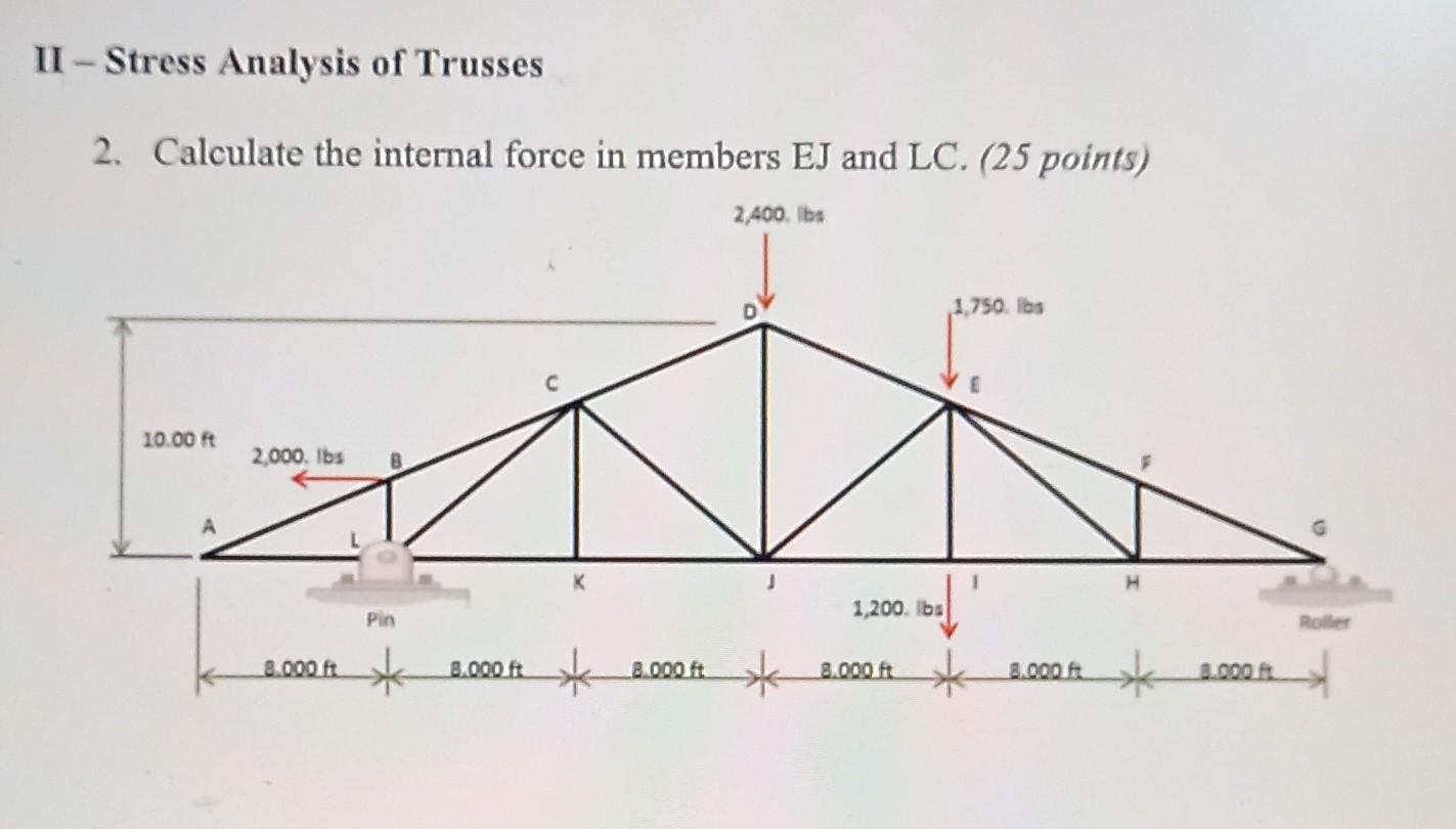Ii Stress Analysis Of Trusses 2 Calculate The Internal Force In Members Ej And Lc 25 Points 2 400 Lbs 1 750 Lbs 10 1