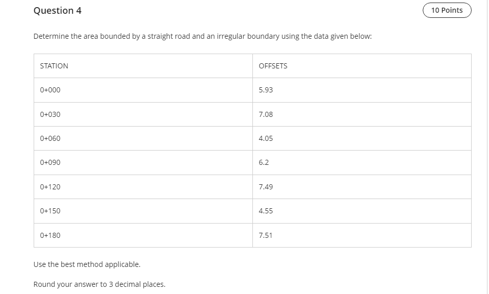 Question 4 10 Points Determine The Area Bounded By A Straight Road And An Irregular Boundary Using The Data Given Below 1