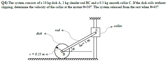 Q4 The System Consists Of A 10 Kg Disk A 2 Kg Slender Rod Bc And A 0 5 Kg Smooth Collar C If The Disk Rolls Without S 1