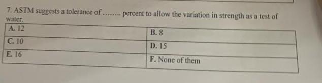 7 Astm Suggests A Tolerance Of Percent To Allow The Variation In Strength As A Test Of Water A 12 B 8 C 10 1