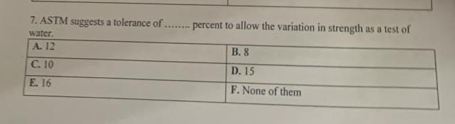 7 Astm Suggests A Tolerance Of Water A 12 Percent To Allow The Variation In Strength As A Test Of B 8 C 10 E 16 D 1