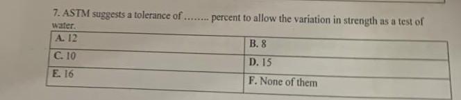 7 Astm Suggests A Tolerance Of Percent To Allow The Variation In Strength As A Test Of Water A 12 B 8 C 10 1