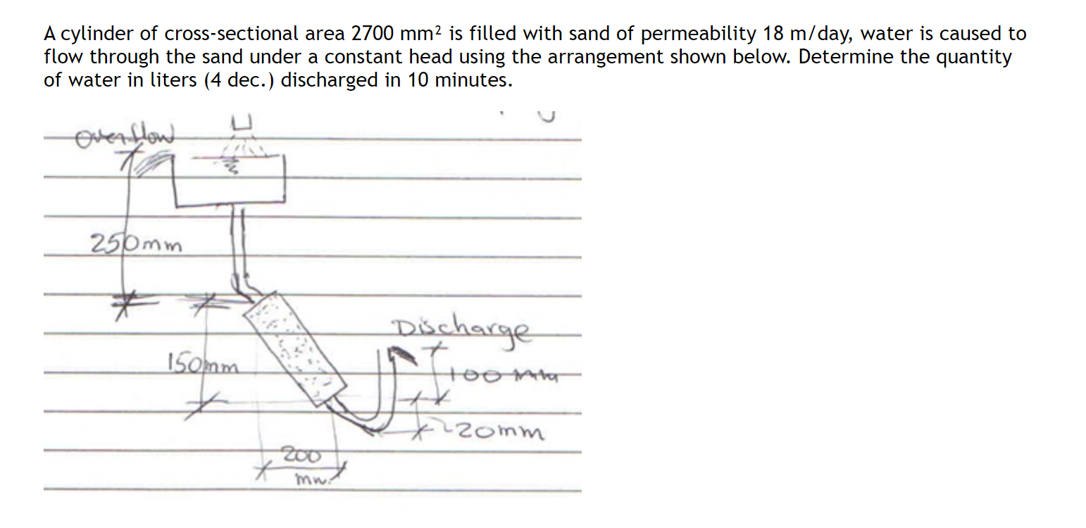 A Cylinder Of Cross Sectional Area 2700 Mm2 Is Filled With Sand Of Permeability 18 M Day Water Is Caused To Flow Throug 1
