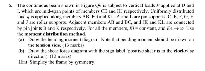 6 The Continuous Beam Shown In Figure Q6 Is Subject To Vertical Loads P Applied At D And I Which Are Mid Span Points O 1