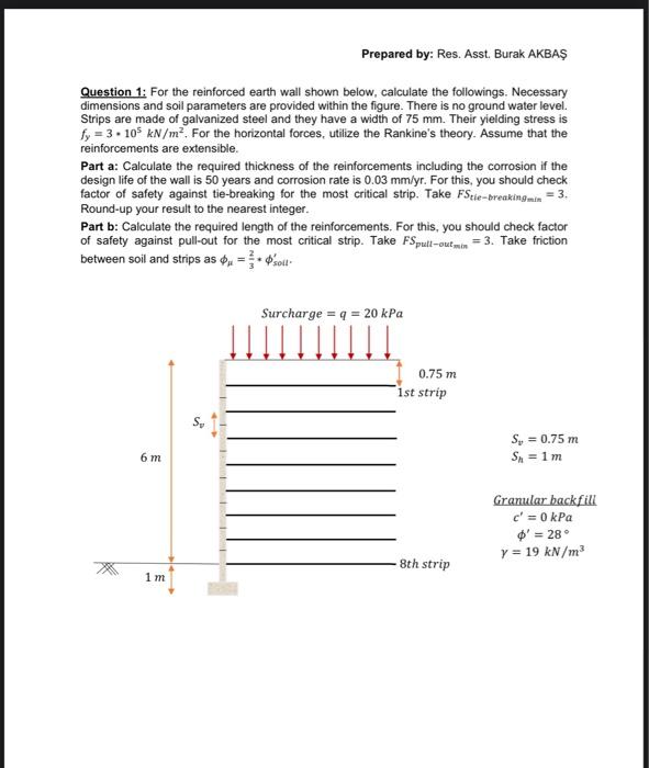 Prepared By Res Asst Burak Akbas Question 1 For The Reinforced Earth Wall Shown Below Calculate The Followings Nec 1