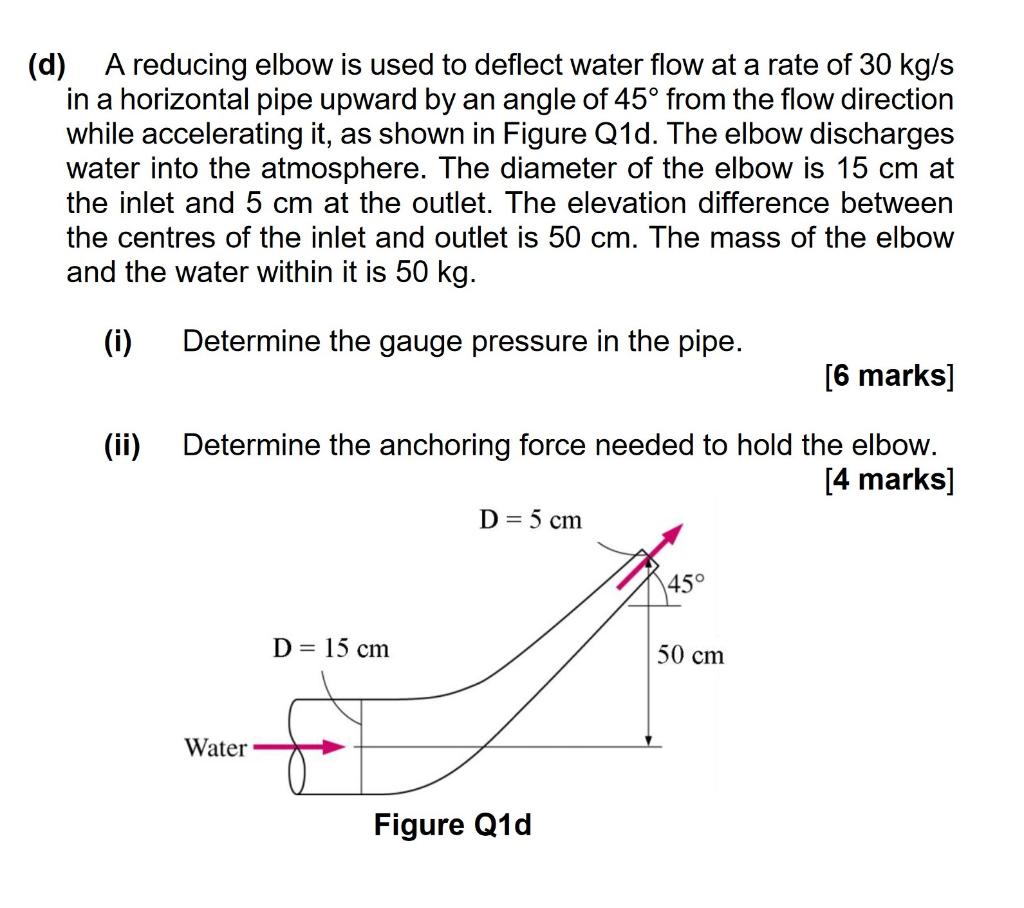 D A Reducing Elbow Is Used To Deflect Water Flow At A Rate Of 30 Kg S In A Horizontal Pipe Upward By An Angle Of 45 F 1