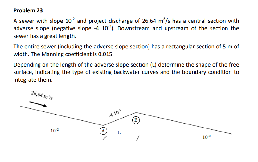 Problem 23 A Sewer With Slope 102 And Project Discharge Of 26 64 M S Has A Central Section With Adverse Slope Negative 1