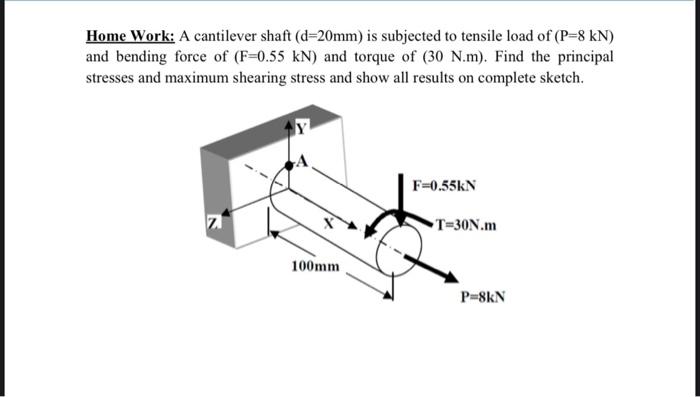 Home Work A Cantilever Shaft D 20mm Is Subjected To Tensile Load Of P 8 Kn And Bending Force Of F 0 55 Kn And Tor 1