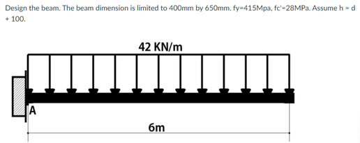 Design The Beam The Beam Dimension Is Limited To 400mm By 650mm Fy 415mpa Fe 28mpa Assume H D 100 42 Kn M A 6m 1