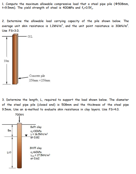 1 Compute The Maximum Allowable Compressive Load That A Steel Pipe Pile 0508mm T 9 5mm The Yield Strength Of Steel 1