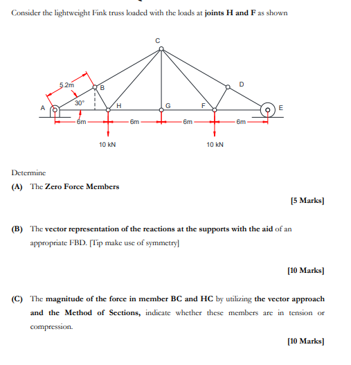 Consider The Lightweight Fink Truss Loaded With The Loads At Joints H And F As Shown 5 2m D B 30 H 6m 6m 6m 6m 10 Kn 10 1
