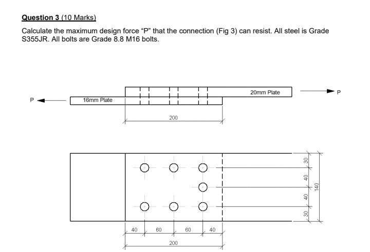 Question 3 10 Marks Calculate The Maximum Design Force P That The Connection Fig 3 Can Resist All Steel Is Grade 2