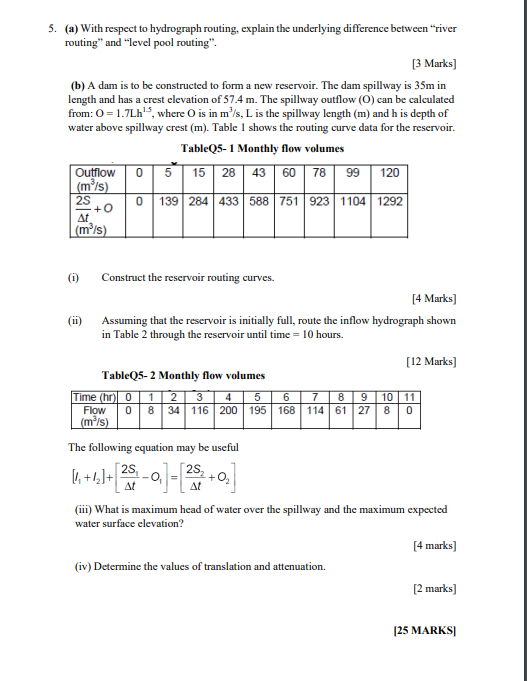 5 A With Respect To Hydrograph Routing Explain The Underlying Difference Between River Routing And Level Pool Rou 1