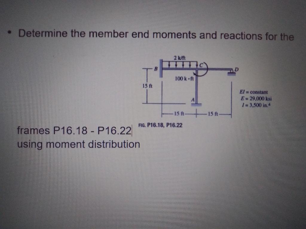 Determine The Member End Moments And Reactions For The 2 Kft B 100 Kft 15 Ft El Constant E 29 000 Ksi 1 3 500 In 1 1