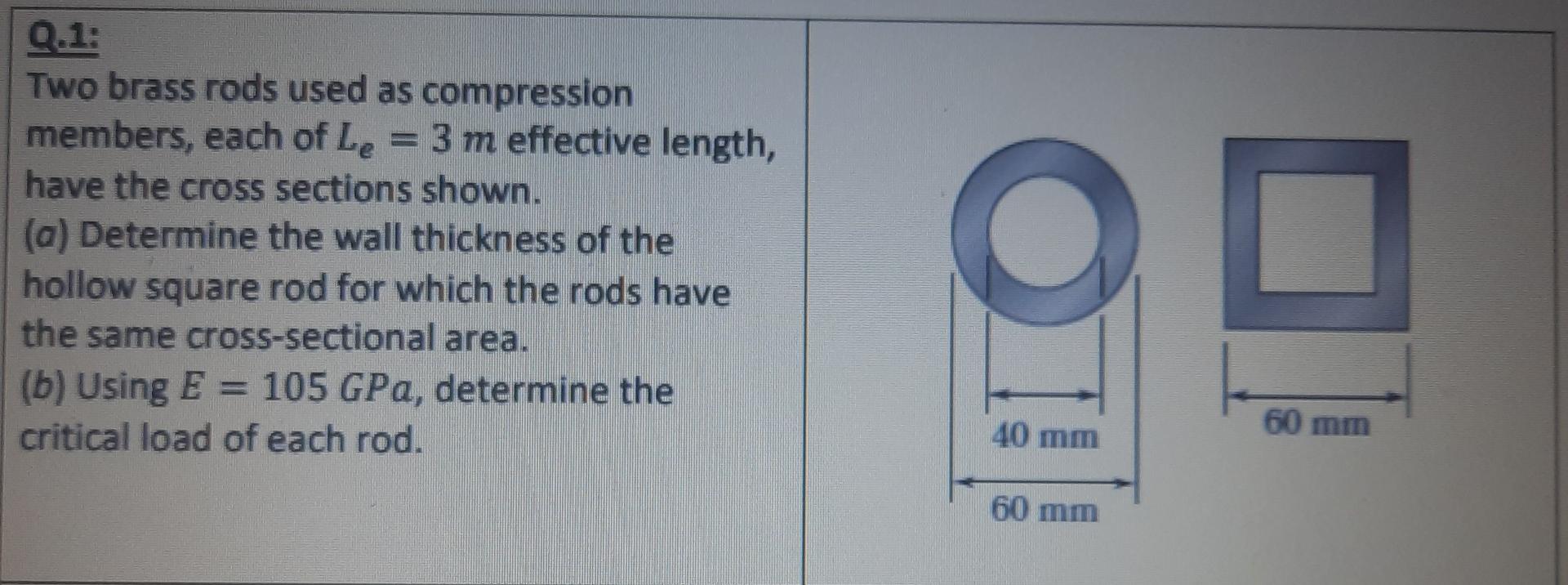 Q 1 Two Brass Rods Used As Compression Members Each Of Le 3 M Effective Length Have The Cross Sections Shown A D 1