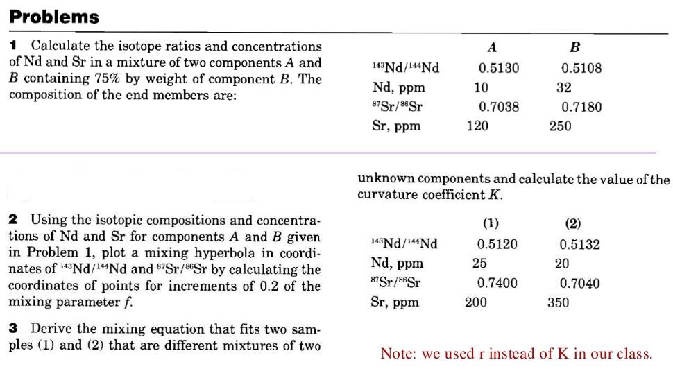 Problems B 1 Calculate The Isotope Ratios And Concentrations Of Nd And Sr In A Mixture Of Two Components A And B Contain 1