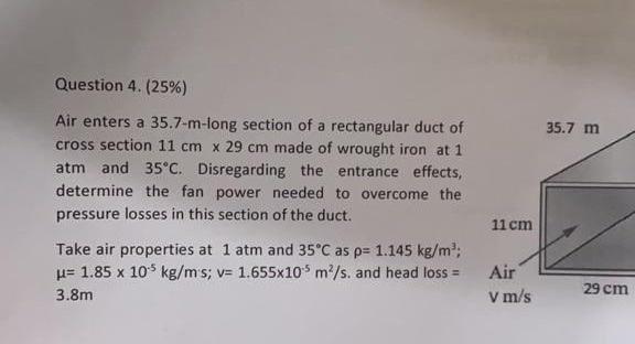 Question 4 25 35 7 M Air Enters A 35 7 M Long Section Of A Rectangular Duct Of Cross Section 11 Cm X 29 Cm Made Of W 1