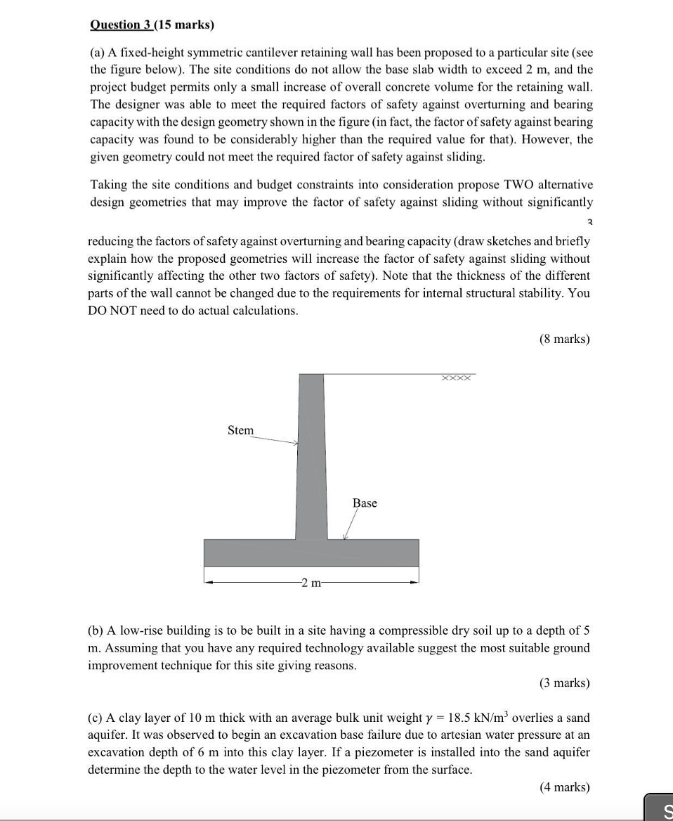 Question 3 15 Marks A A Fixed Height Symmetric Cantilever Retaining Wall Has Been Proposed To A Particular Site See 1