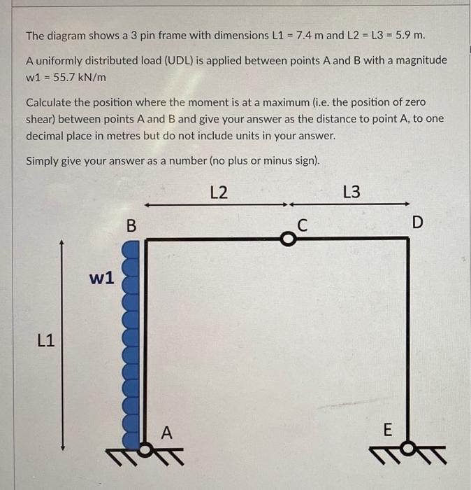 The Diagram Shows A 3 Pin Frame With Dimensions L1 7 4 M And L2 L3 5 9 M A Uniformly Distributed Load Udl Is Ap 1