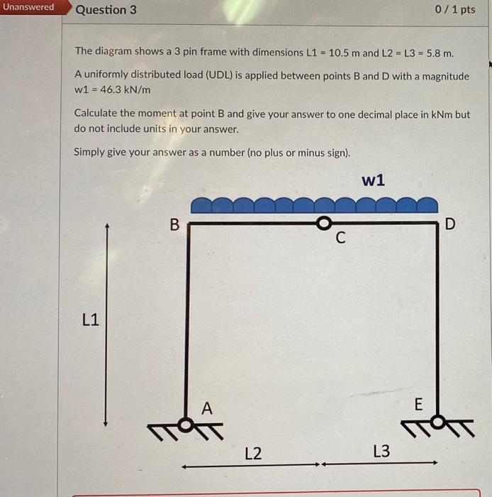 Unanswered Question 3 0 1 Pts The Diagram Shows A 3 Pin Frame With Dimensions L1 10 5 M And L2 L3 5 8 M A Uniform 3