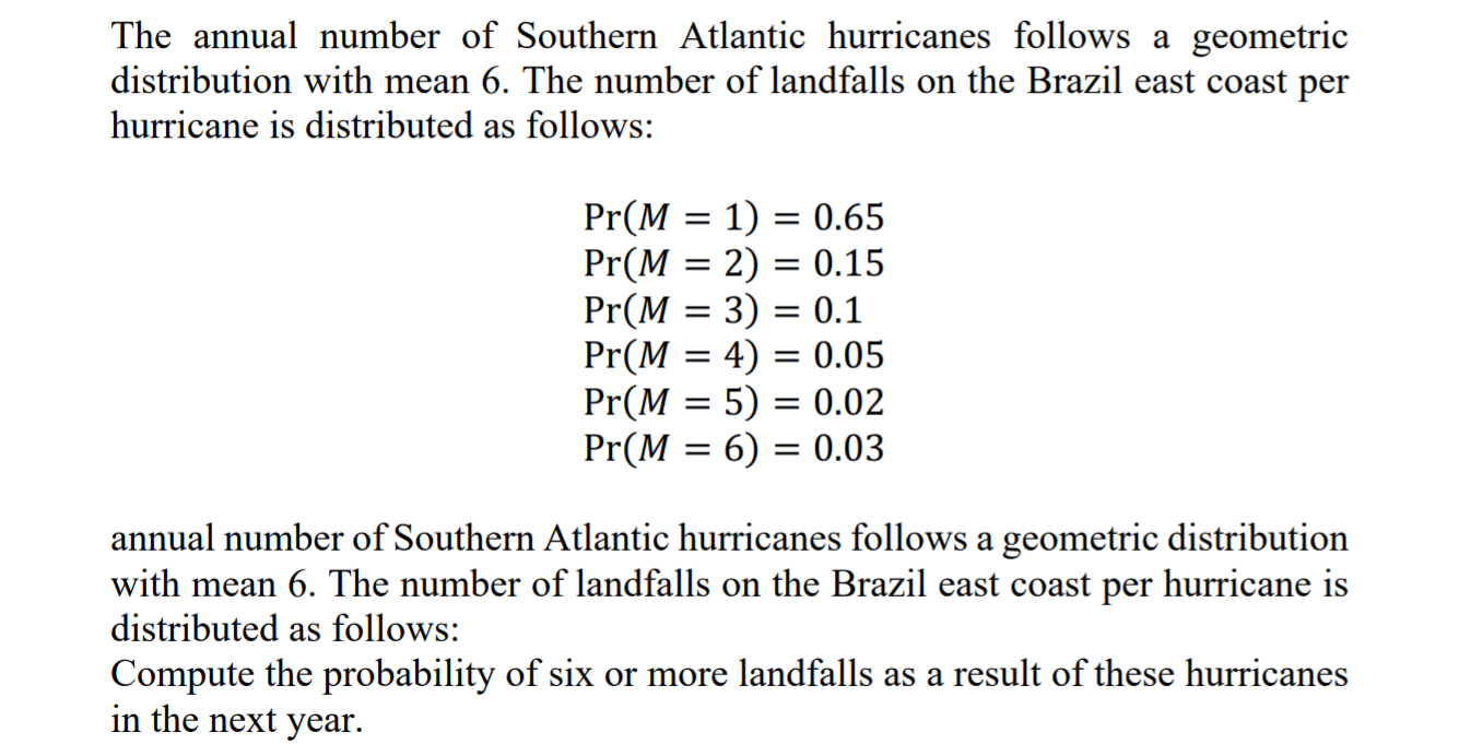The Annual Number Of Southern Atlantic Hurricanes Follows A Geometric Distribution With Mean 6 The Number Of Landfalls 1