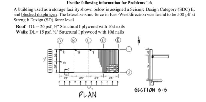 Use The Following Information For Problems 1 6 A Building Used As A Storage Facility Shown Below Is Assigned A Seismic D 1
