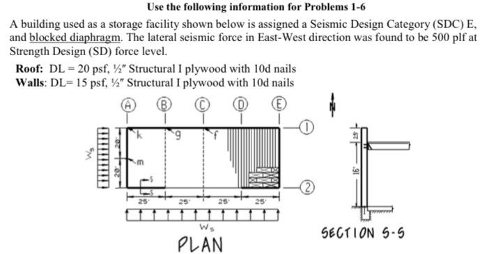 Use The Following Information For Problems 1 6 A Building Used As A Storage Facility Shown Below Is Assigned A Seismic D 1