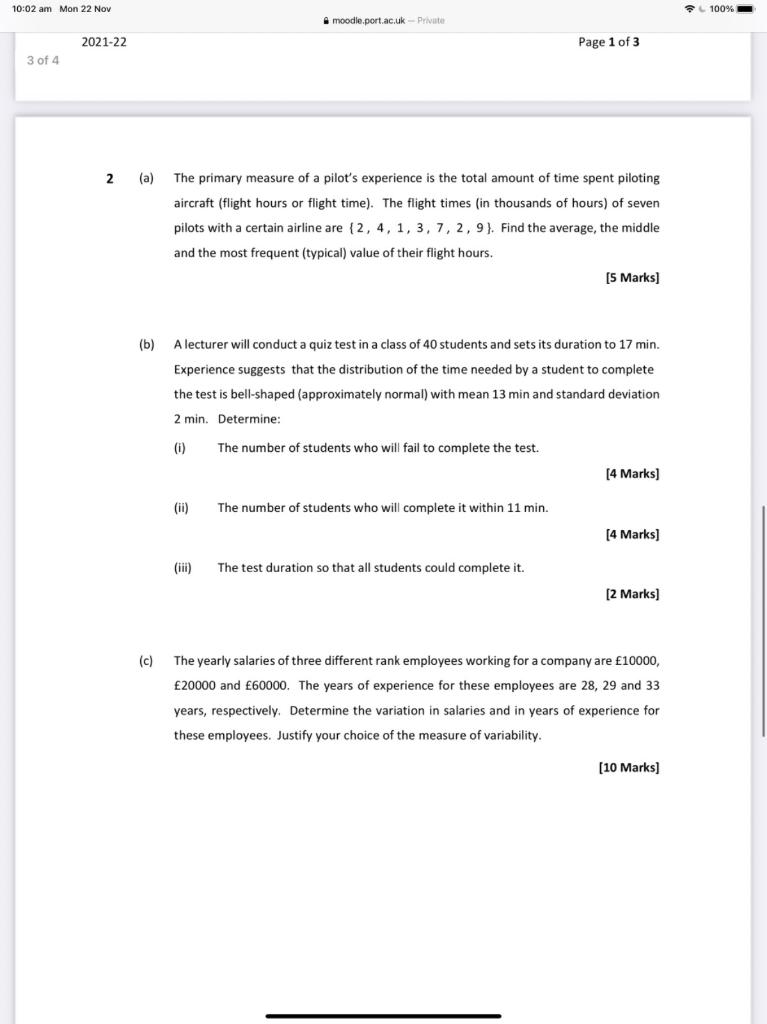 10 02 Am Mon 22 Nov 100 Moodle Port Ac Uk Private 2021 22 Page 1 Of 3 3 Of 4 2 A The Primary Measure Of A Pil 1