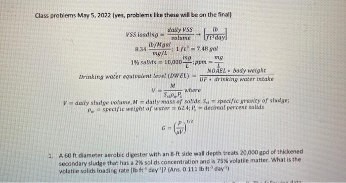 Class Problems May 5 2022 Yes Problems Like These Will Be On The Final Daily Vss Lb Vss Loading Volume Re Day 1b Mg 1