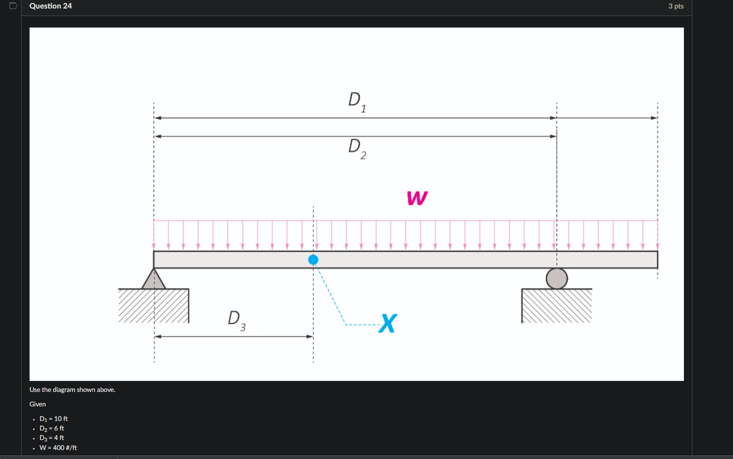 D Question 24 3 Pts D D2 W 03 X Use The Diagram Shown Above Given D1 10 Ft D2 6 Ft D3 4 Ft W 400 Ft 1