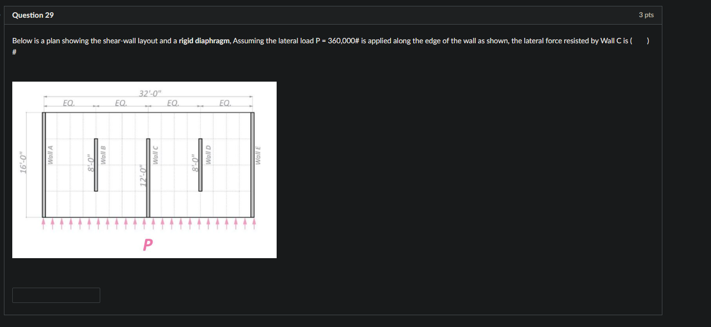 Question 29 3 Pts Below Is A Plan Showing The Shear Wall Layout And A Rigid Diaphragm Assuming The Lateral Load P 360 1