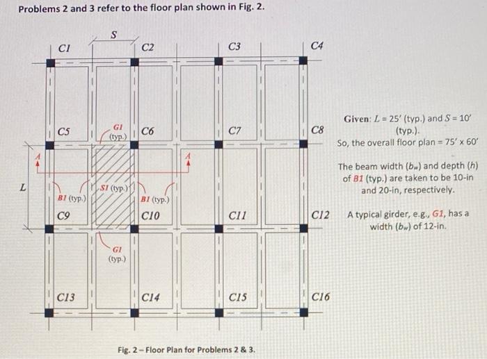 Problems 2 And 3 Refer To The Floor Plan Shown In Fig 2 S Ci C2 C3 C4 Cs 3 Gi Typ C6 C7 C8 Given L 25 Typ An 1