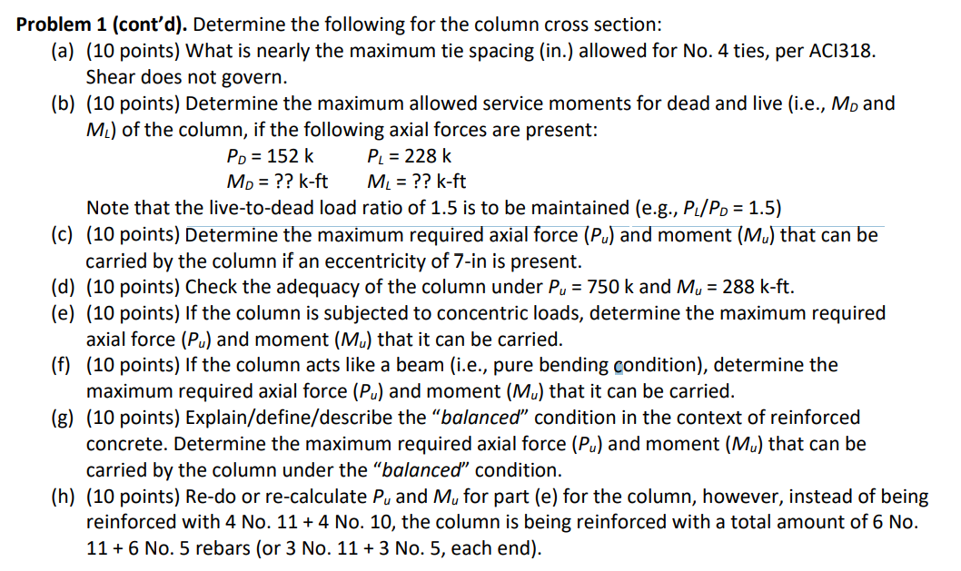 Problem 1 The Column Cross Section Shown In Fig 1 Is Cast With Fo 4 000 Psi And Reinforced With Steel Of Fy 60 00 2