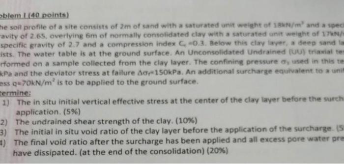 Oblem 40 Points The Soil Profile Of A Site Consists Of 2m Of Sand With A Saturated Unit Weight Of N Mand A Speci Avit 1