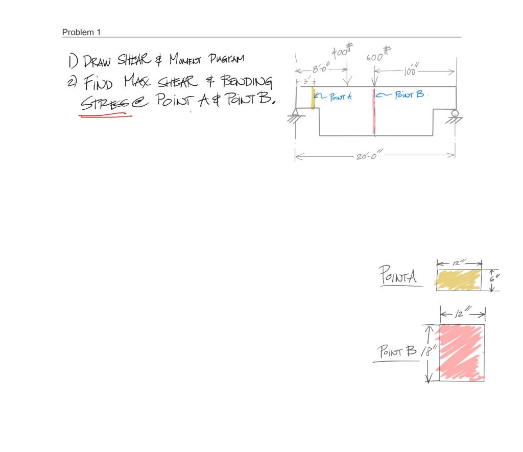 Problem 1 400k 600 K 8 0 100 D Draw Shear Moment Pugiam 2 Find Max Shear Bending Stres Point A Pant B K Ponta L 1
